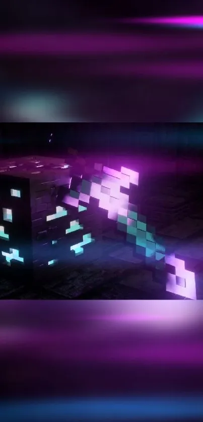 Neon pixel art wallpaper with glowing axes and cubes in vibrant colors.