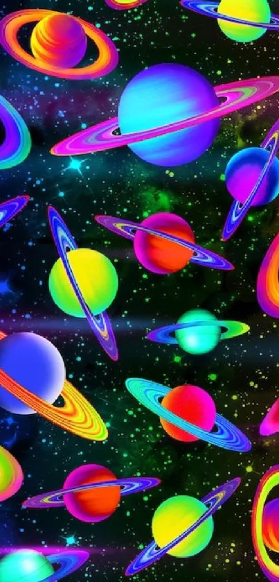 Vibrant neon planets scattered across a black cosmic background.