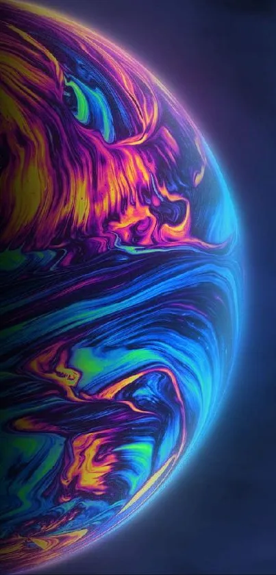 Vibrant neon planet with swirling abstract design and dark cyan backdrop.