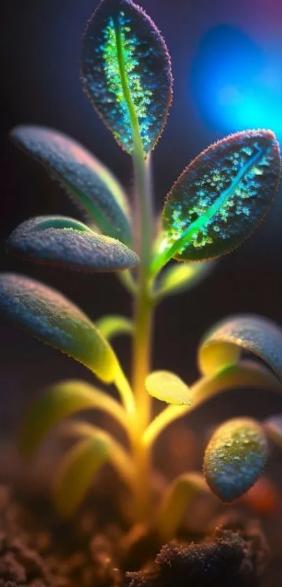 Neon-lit plant with glowing leaves against a dark cyan background.