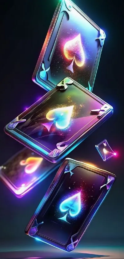 Vibrant neon playing cards with glowing effects.