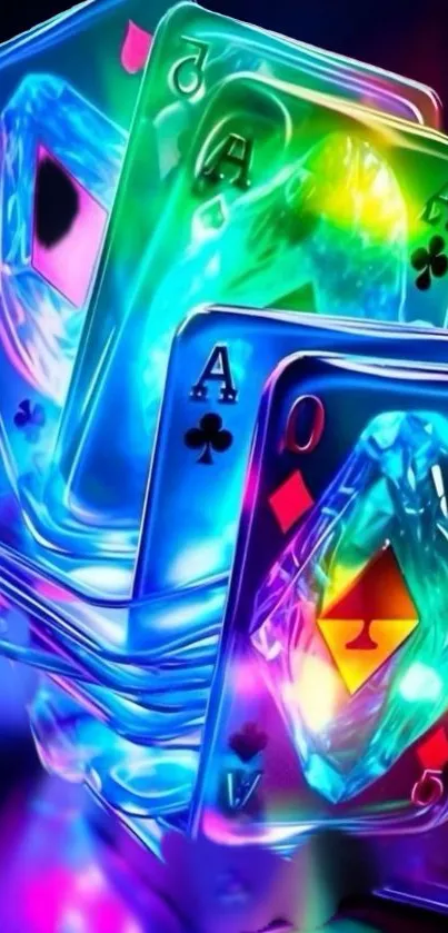 Colorful neon playing cards with glowing designs.