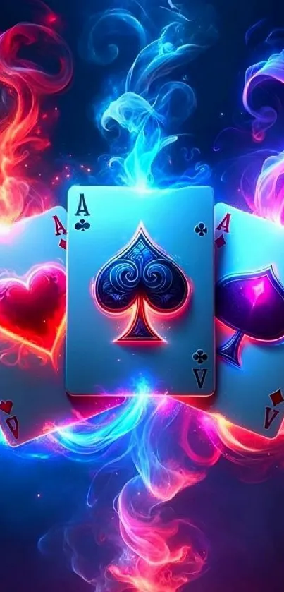 Vibrant playing cards with neon flames.