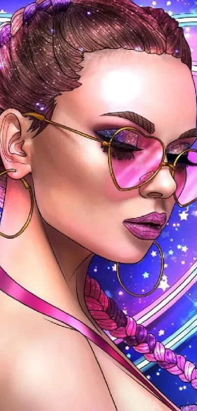 Neon pop art girl with pink braids and sunglasses in a starry background.