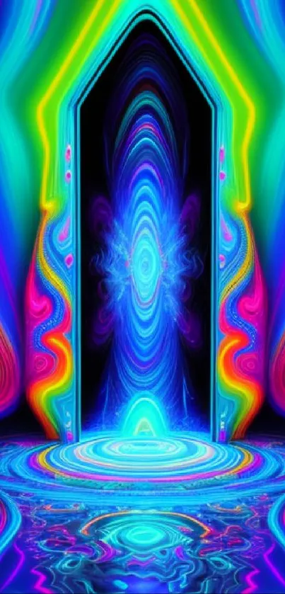 Neon portal with vibrant, colorful patterns in abstract design.