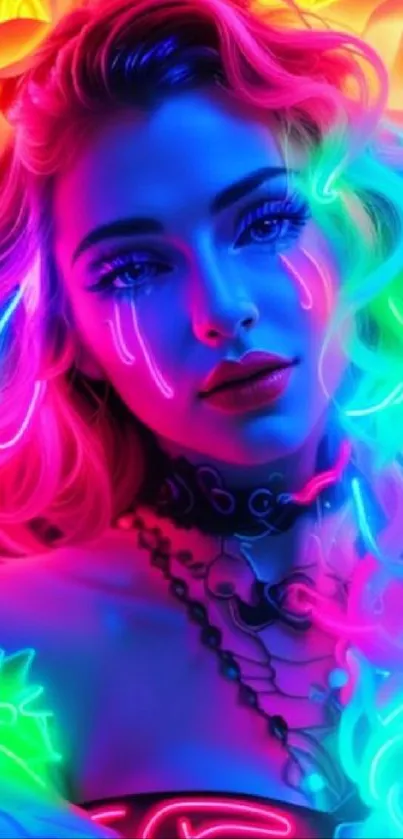 Vibrant neon portrait featuring blue, pink, and green hues for mobile wallpaper.