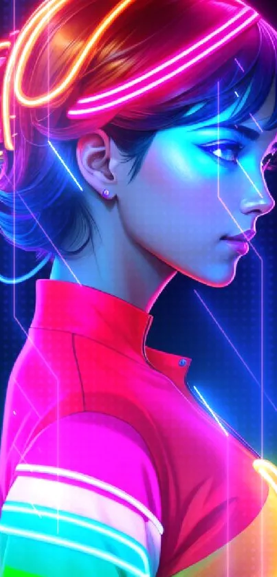 Vibrant neon portrait of a woman with colorful lights.