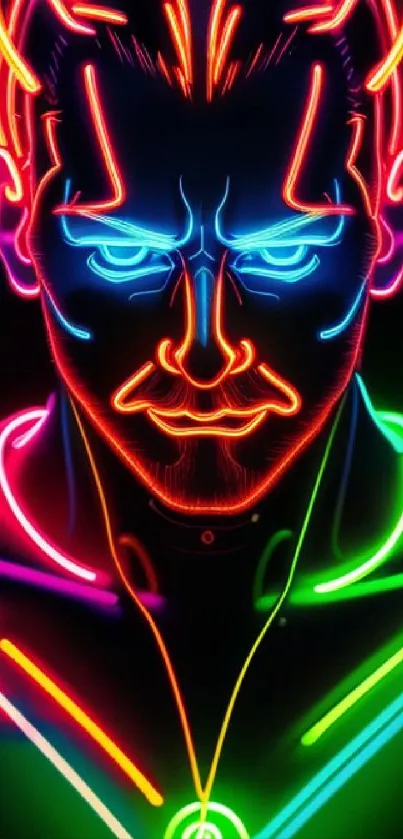 Vibrant neon portrait with glowing colors on black background.