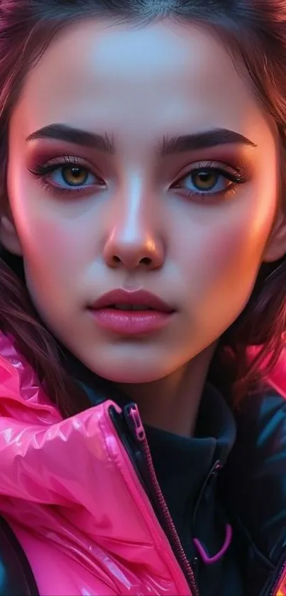 A vibrant neon portrait of a woman with striking colors and shadows.