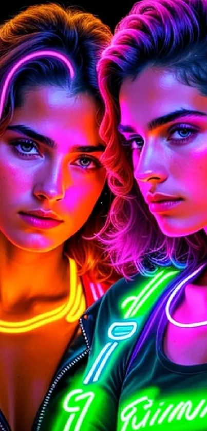 Vibrant neon portrait of two women with glowing accents in electric colors.