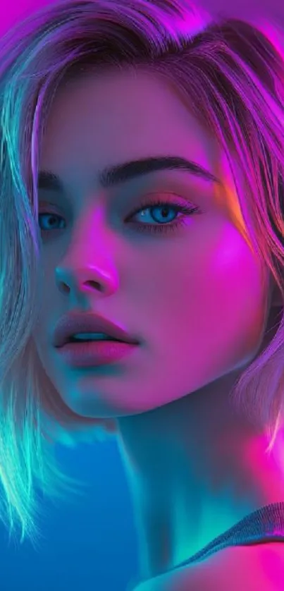 Vibrant neon portrait of a young woman with colorful lighting effects.