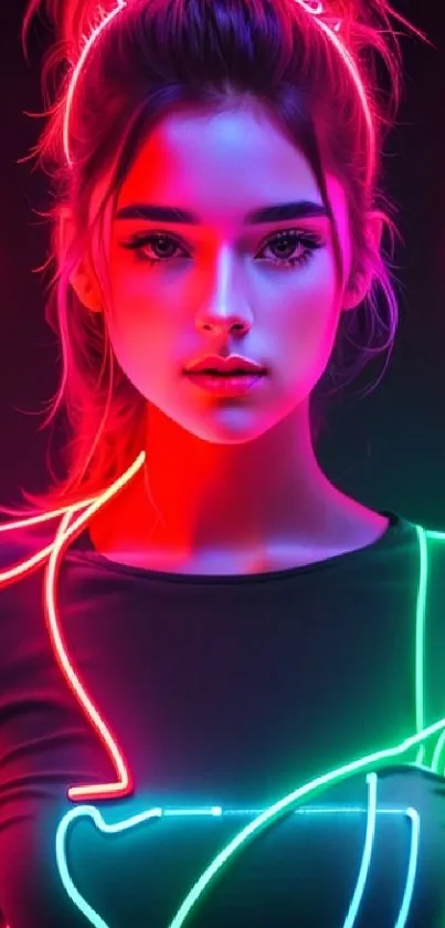 Vibrant neon portrait of a woman with colorful hues for mobile wallpaper.