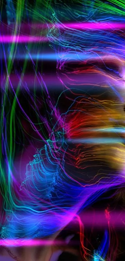 Vibrant neon lines forming an abstract face on a dark background.