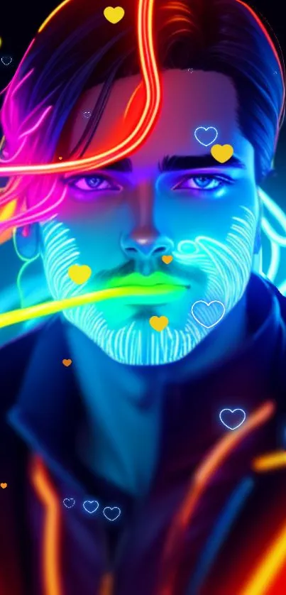 Vibrant neon portrait with colorful lines.