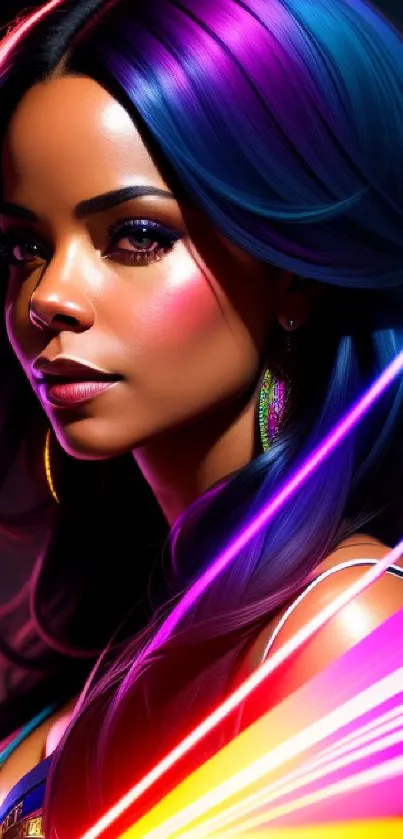 Vibrant neon portrait with colorful light streaks for mobile wallpaper.