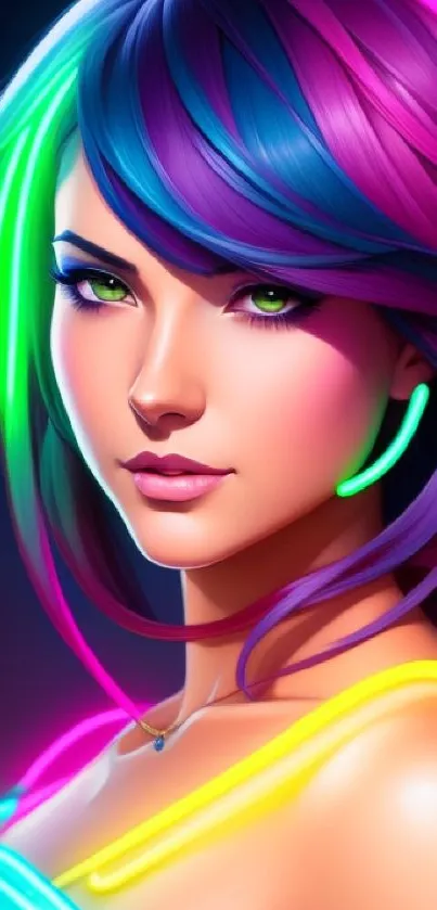 Vibrant neon portrait with colorful hues and striking design.