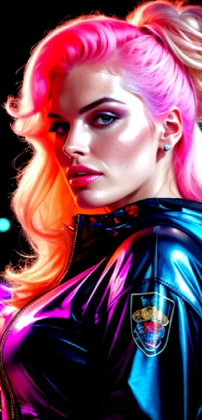 Vibrant neon portrait of a woman with pink hair and city lights.