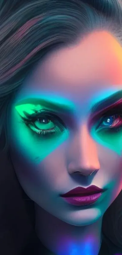 Vibrant neon portrait of abstract woman with colorful highlights.