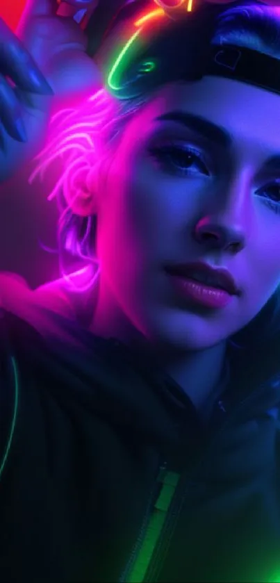 Futuristic neon portrait with vibrant colors and glowing lights.