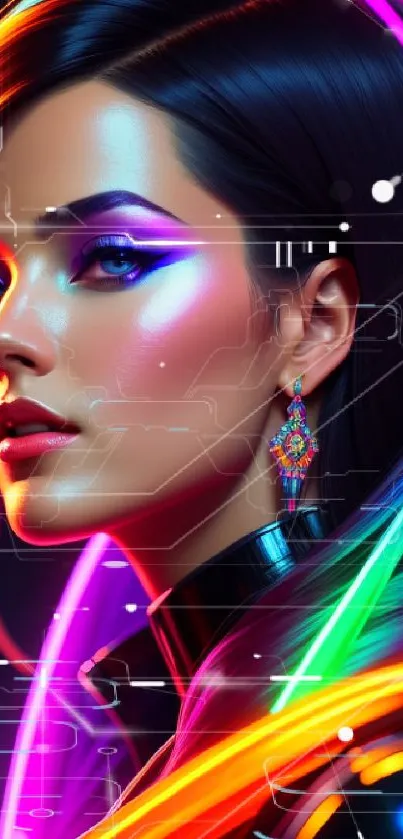 Neon-themed portrait with vibrant colors and artistic flair on a dark background.