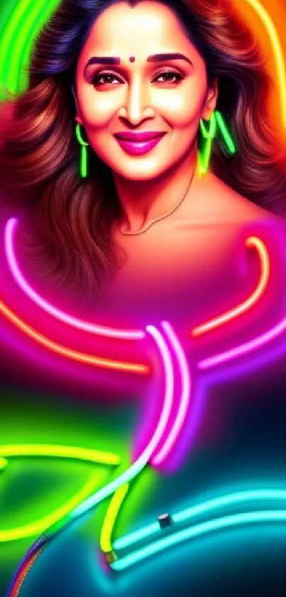 Vibrant neon portrait with glowing colors and modern artistic design.