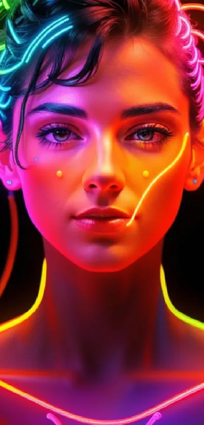 Vibrant neon portrait with colorful glow.