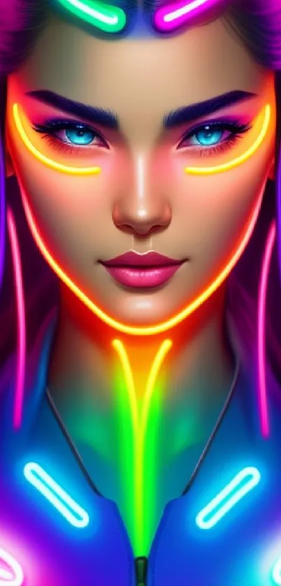 Vibrant neon portrait wallpaper with colorful futuristic design.