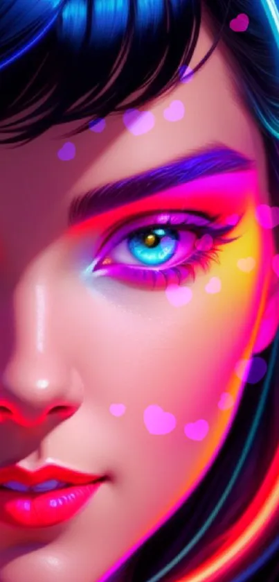 Vibrant neon portrait of a woman with glowing accents and colorful design.