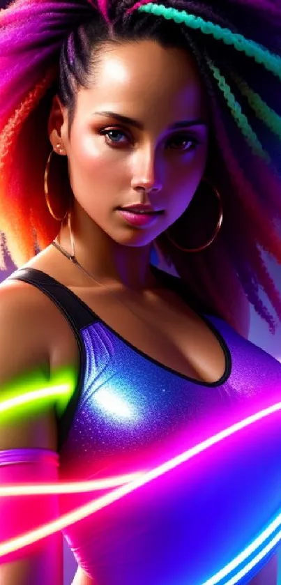 Vibrant neon portrait with rainbow hair and glowing lights.