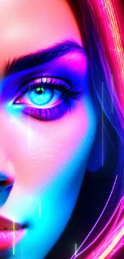 Vibrant neon portrait with glowing colors and artistic design.