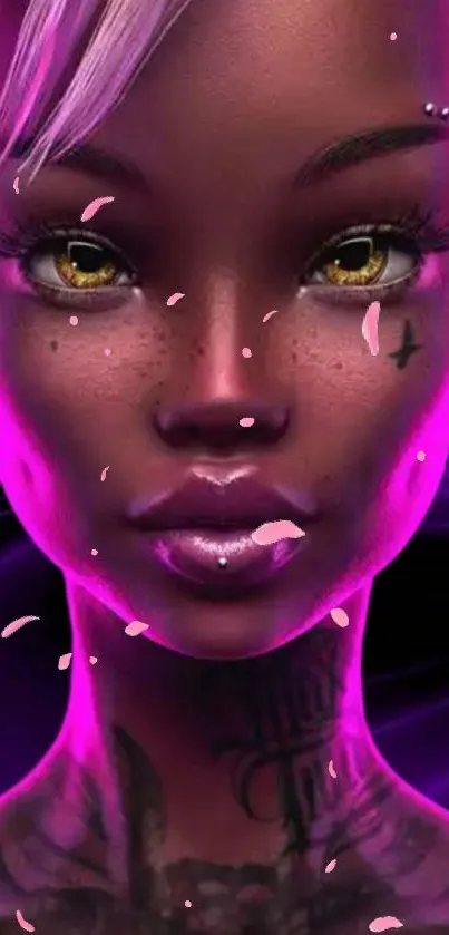 Vibrant neon portrait wallpaper with pink and purple hues, artistic design.