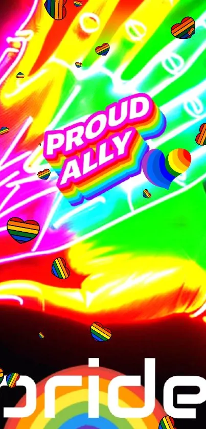 Colorful neon pride wallpaper with 'Proud Ally' text and rainbow design.