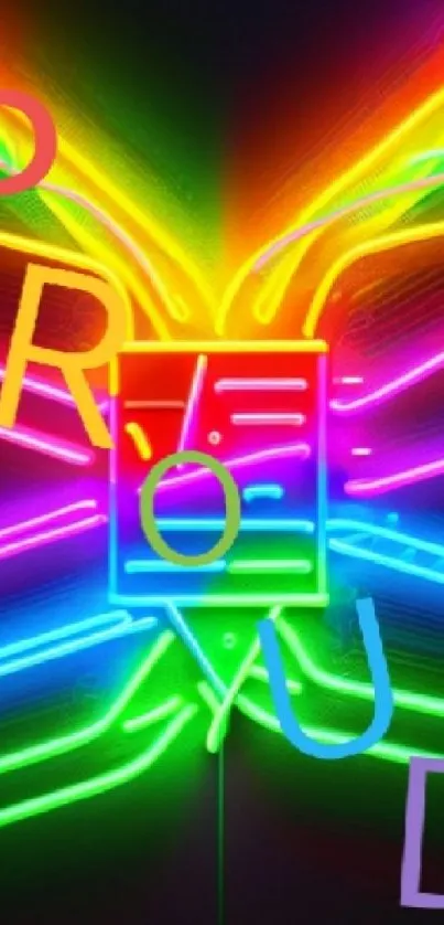 Vibrant neon pride wallpaper with colorful lights and a bold design.