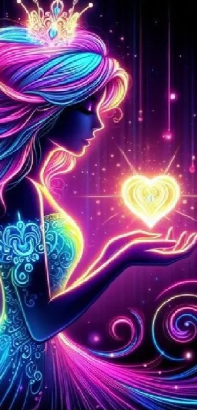 Neon illustrated princess holding a glowing heart on vibrant wallpaper.