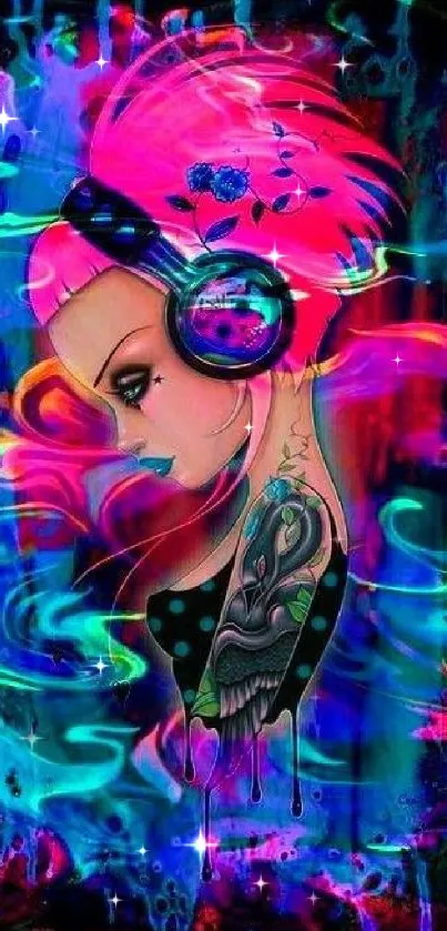 Vibrant neon psychedelic wallpaper featuring tattooed woman with headphones.