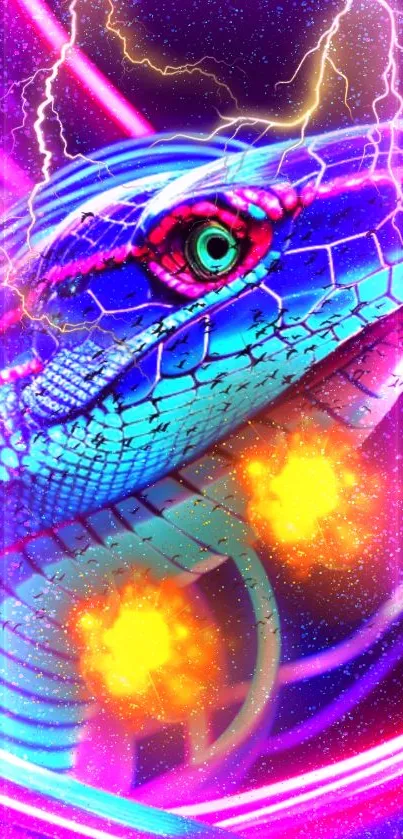 Vibrant neon python with cosmic background and electric colors.