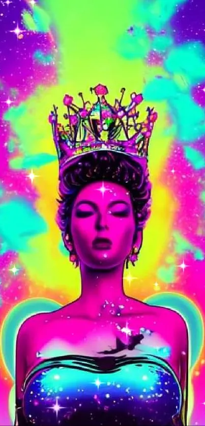 Vibrant neon artwork of a crowned queen in purple and green tones.