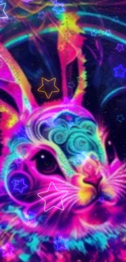 Vibrant neon rabbit in a galaxy with stars wallpaper.