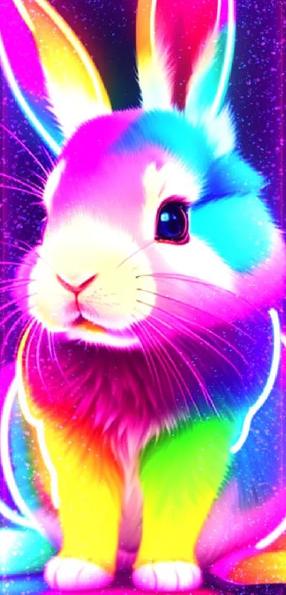 Vibrant neon rabbit with glowing colors on dark background.