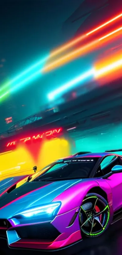 Vibrant neon-colored race car with city lights background.