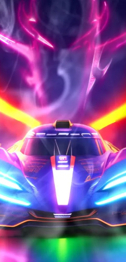 Vibrant neon racecar with dynamic glowing effects.