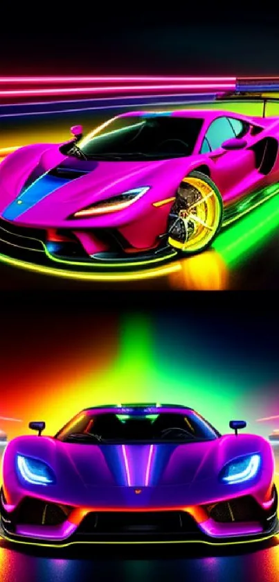 Vibrant neon sports car with glowing lights on a dark background.