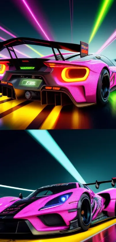 Futuristic neon racing car with vibrant colors and dynamic design.