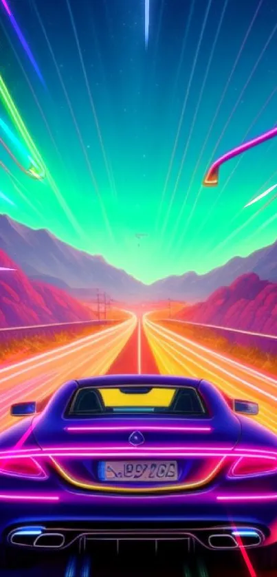 Futuristic neon racing car in vibrant landscape.