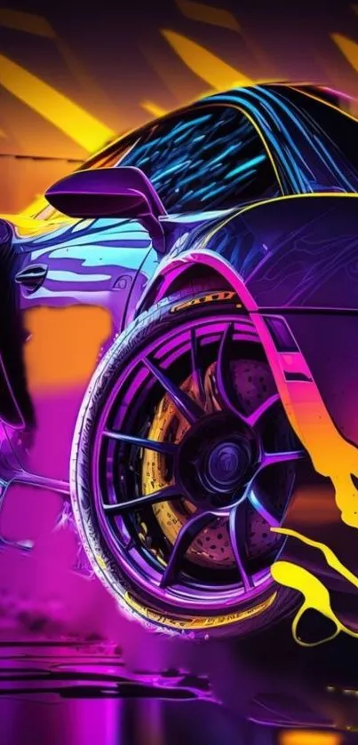 Futuristic neon racing car with vibrant colors in motion.