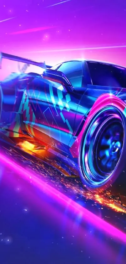 Neon racing car with dynamic lighting effects on a vibrant background.