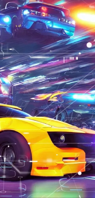 Vibrant yellow sports cars with neon lights racing.