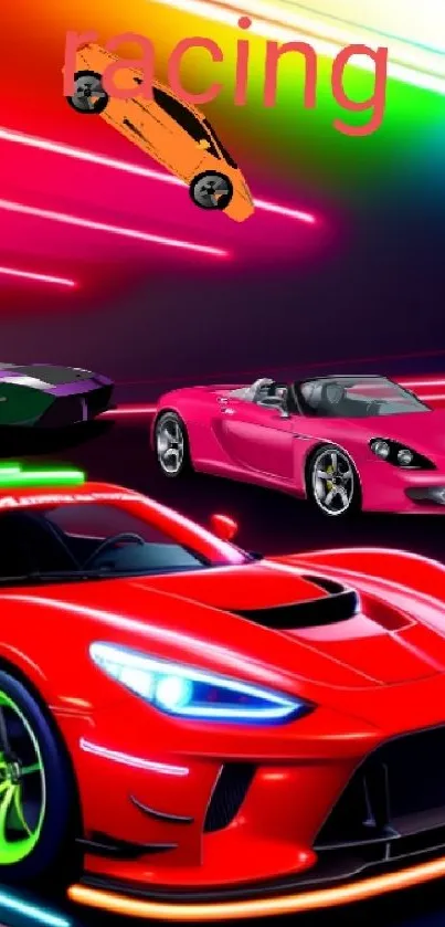 Neon racing cars with vibrant colors and dynamic design.