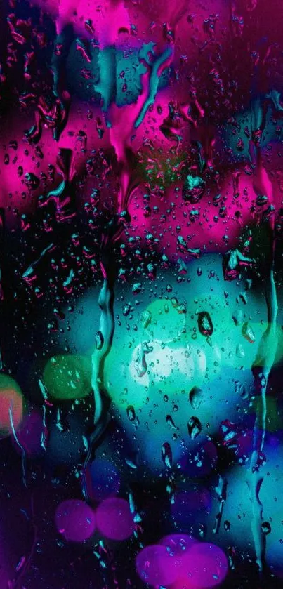 Vibrant neon mobile wallpaper with abstract rain droplets and colorful hues.