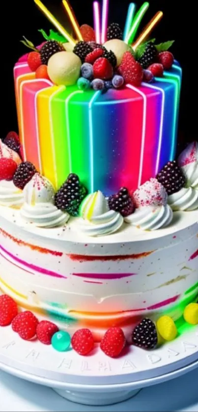 Vibrant neon rainbow cake with colorful fruit.